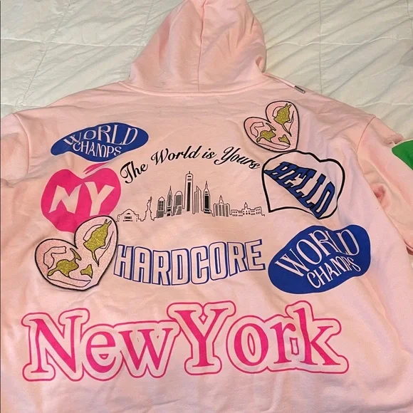 AKIRA Light Pink Hoodie with NYC logos patches, all over so cute - Picture 9 of 10